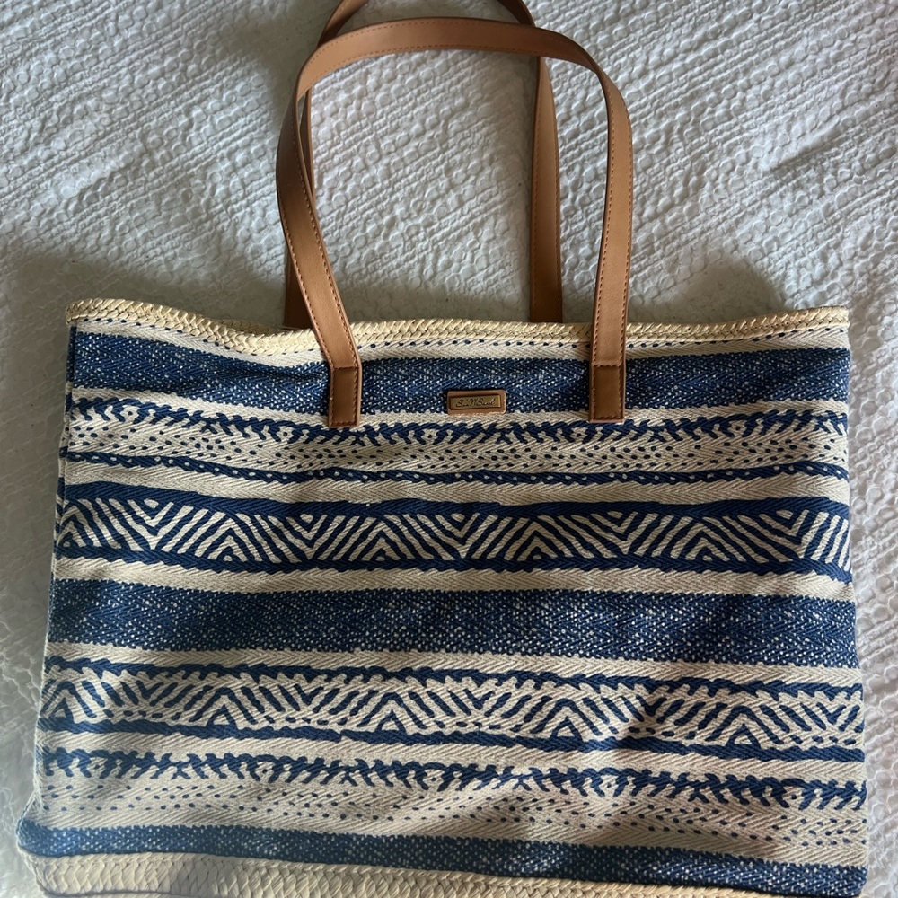 Sun ‘n’ Sand Stylish Jute Blue and Tan Tote/Beach Bag